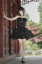 Black Bamboo Dream Multi-layer Dark Pattern Print Ruffle Gothic Lolita Skirt Set